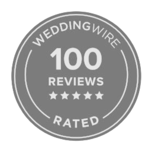  Gray circular badge with "WeddingWire Rated," "100 Reviews," and five stars, showcasing top-notch Vancouver wedding DJ services. 