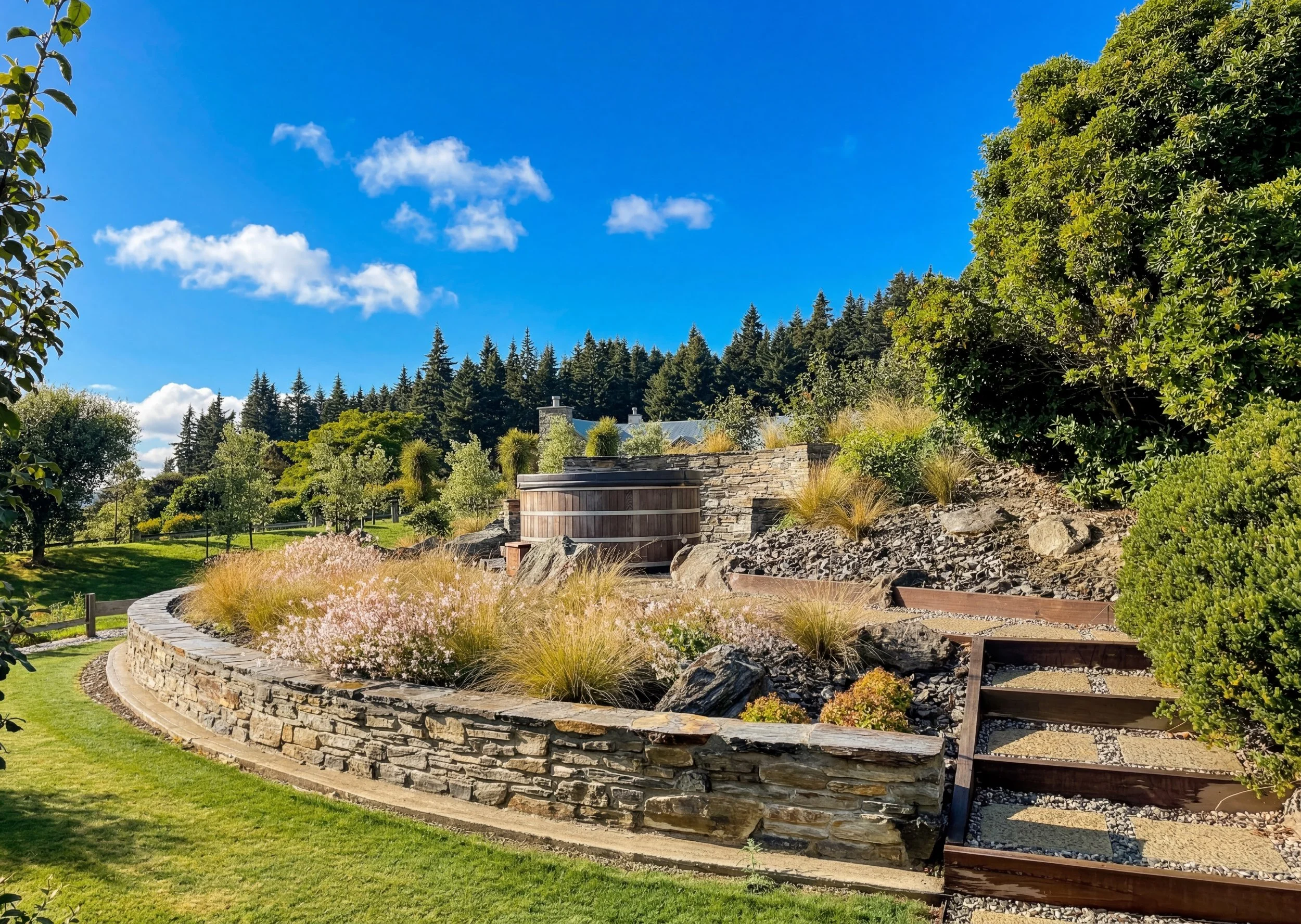 Outdoor spa in landscape designed residential area