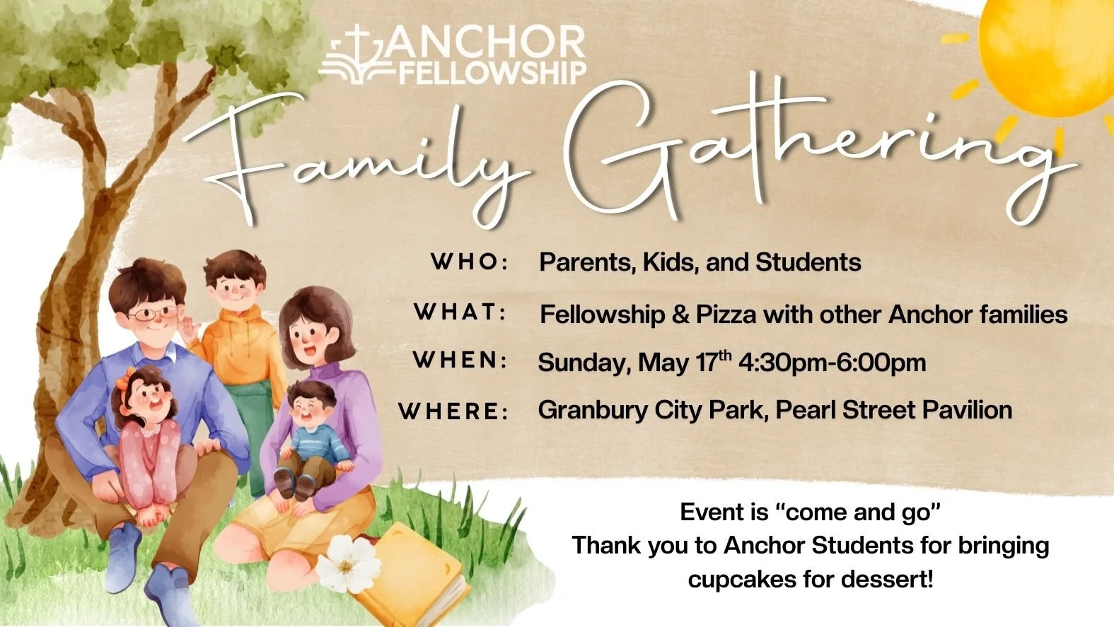 This event if for ALL ANCHOR FAMILIES! Anyone with a child or grandchild from nursery age to High School - Come and fellowship with other Anchor Families!  Enjoy a pizza dinner and get to know your family of faith. This event is come and go.