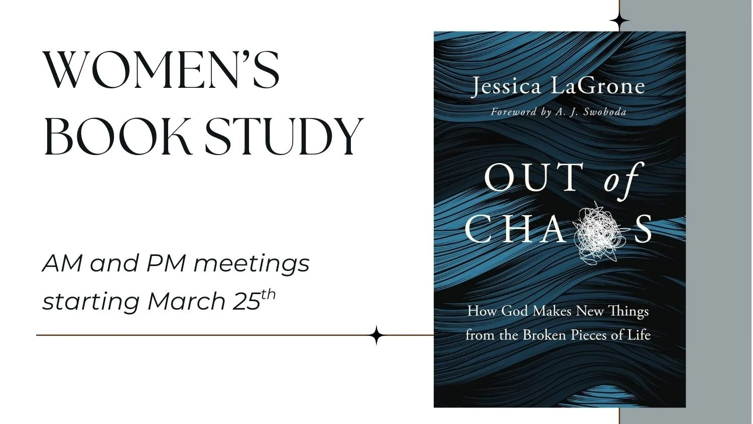Join Anchor Women as we explore “Out of Chaos” by Jessica LaGrone—a powerful reminder that while life often feels messy and unpredictable, God has always brought order out of chaos. Where we see confusion and brokenness, God sees the opportunity for 