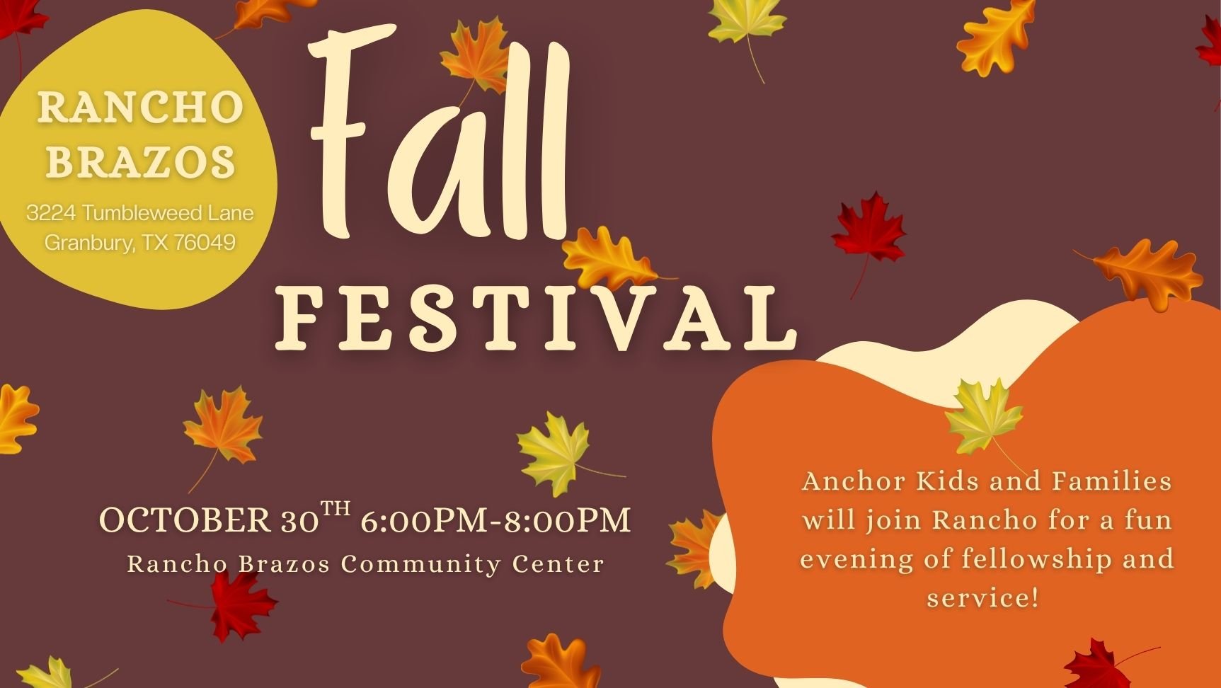 Join us on October 30 from 6:00–8:00pm for Rancho Brazos’ Fall Festival! This free, family-friendly celebration will include a cake walk, trunk-or-treat, food, games, fun, and fellowship. This is a wonderful opportunity to connect with families, shar