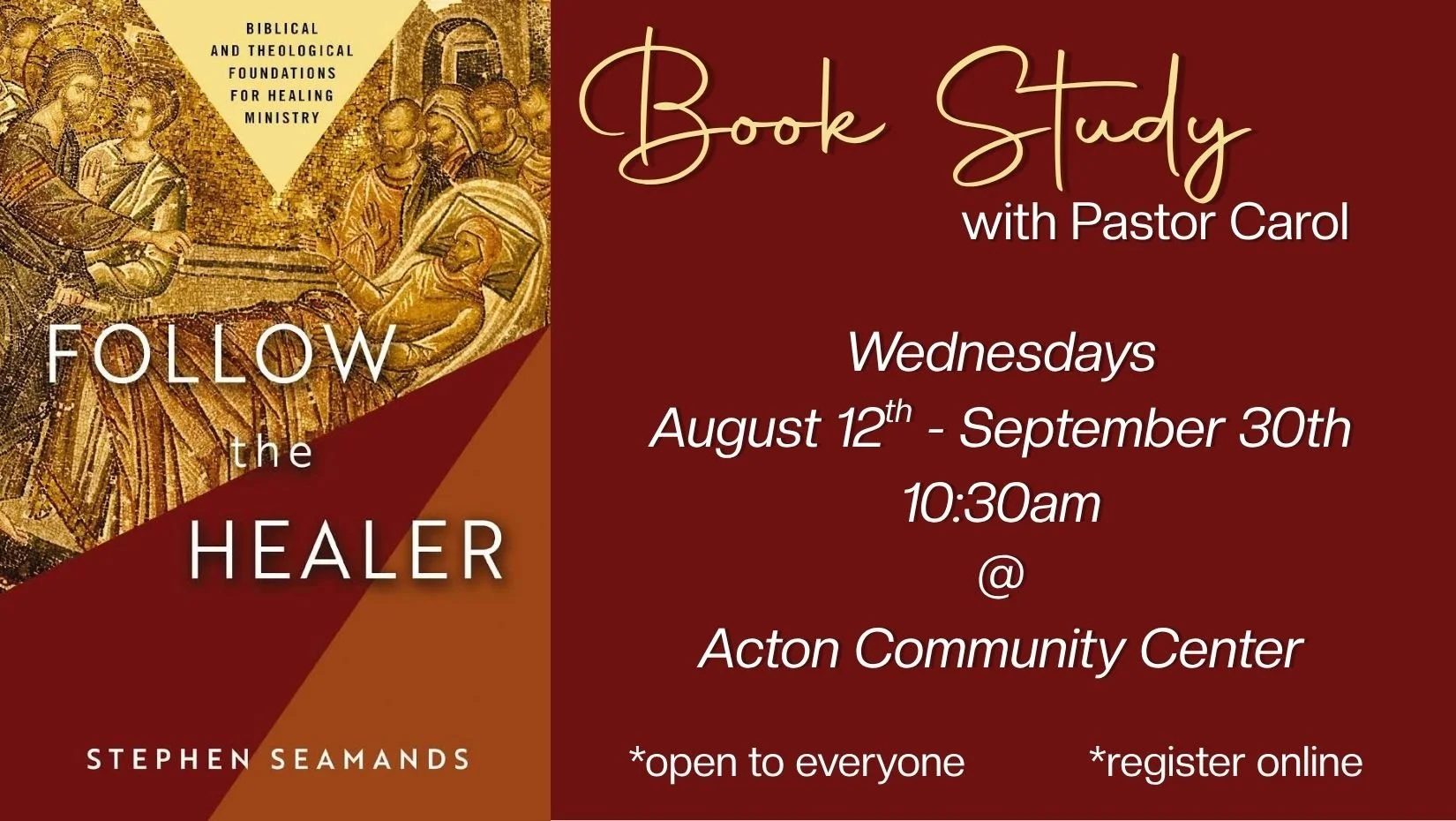 Join men and women of Anchor for a study of the book, "Follow the Healer" by Stephen Seamands.  This book lays out a solidly biblical and theological case that Jesus is still in the healing business.  We'll discover that Jesus asks regular people lik