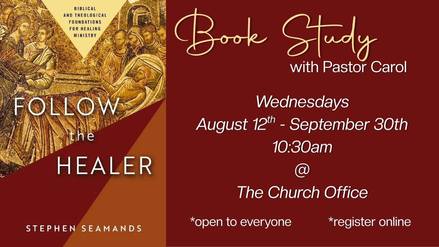 Join men and women of Anchor for a study of the book, "Follow the Healer" by Stephen Seamands.  This book lays out a solidly biblical and theological case that Jesus is still in the healing business.  We'll discover that Jesus asks regular people lik