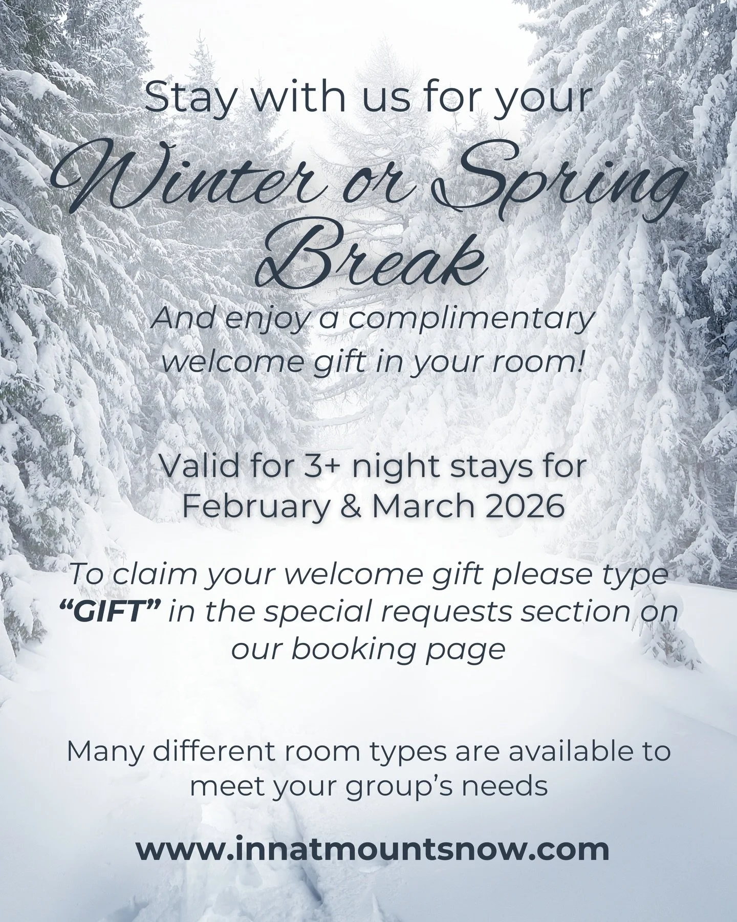 Stay with us for your Winter or Spring Break this year and enjoy a complimentary welcome gift in your room!

❄️ Valid for any stay in February or March of 2026, 3 nights or longer (with code &ldquo;GIFT&rdquo;)

❄️ To claim your welcome gift, please 