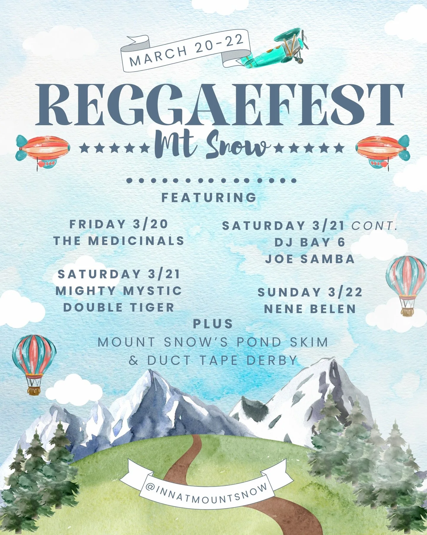 Get ready for an unforgettable weekend ahead  March 20-22 as we welcome an incredible lineup of reggae bands here at Mount Snow at the legendary Raggaefest!🎶🎺🥁🎸

The rhythmic beats and soulful melodies are sure to get you moving and grooving all 
