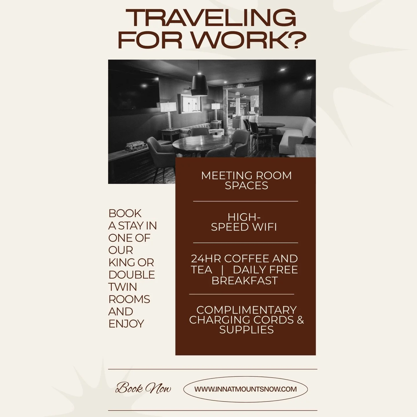 Traveling for work? 

Stay with us and enjoy
📋 Meeting room spaces
🛜 High speed WiFi
☕️ Coffee and tea available 24/7
🥐 Free continental breakfast
🔌 Complimentary charging cords
📝 Complimentary office supplies 

Many rooms come equipped with lar