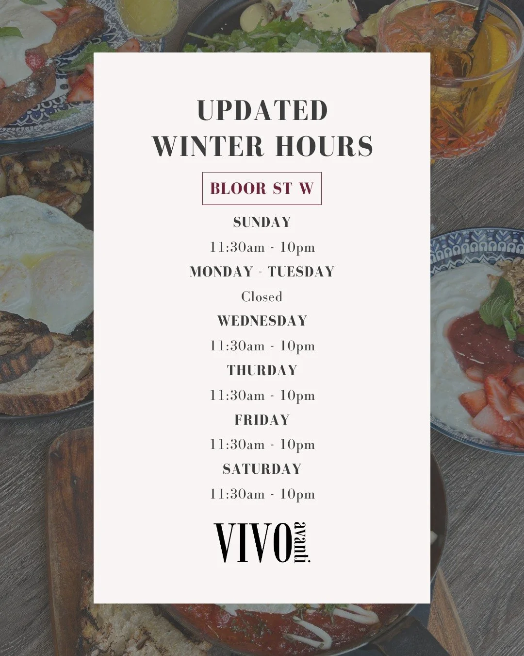 We&rsquo;ve updated our hours at Vivo Avanti Bloor for the winter season.❄️
Please refer to our new hours before visiting. We look forward to welcoming you!

#VivoAvanti  #WinterHours #Update