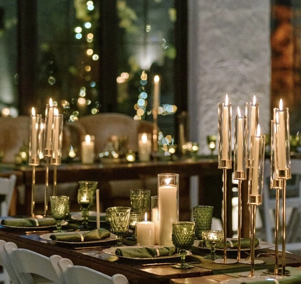 Green and gold candlelit table wedding