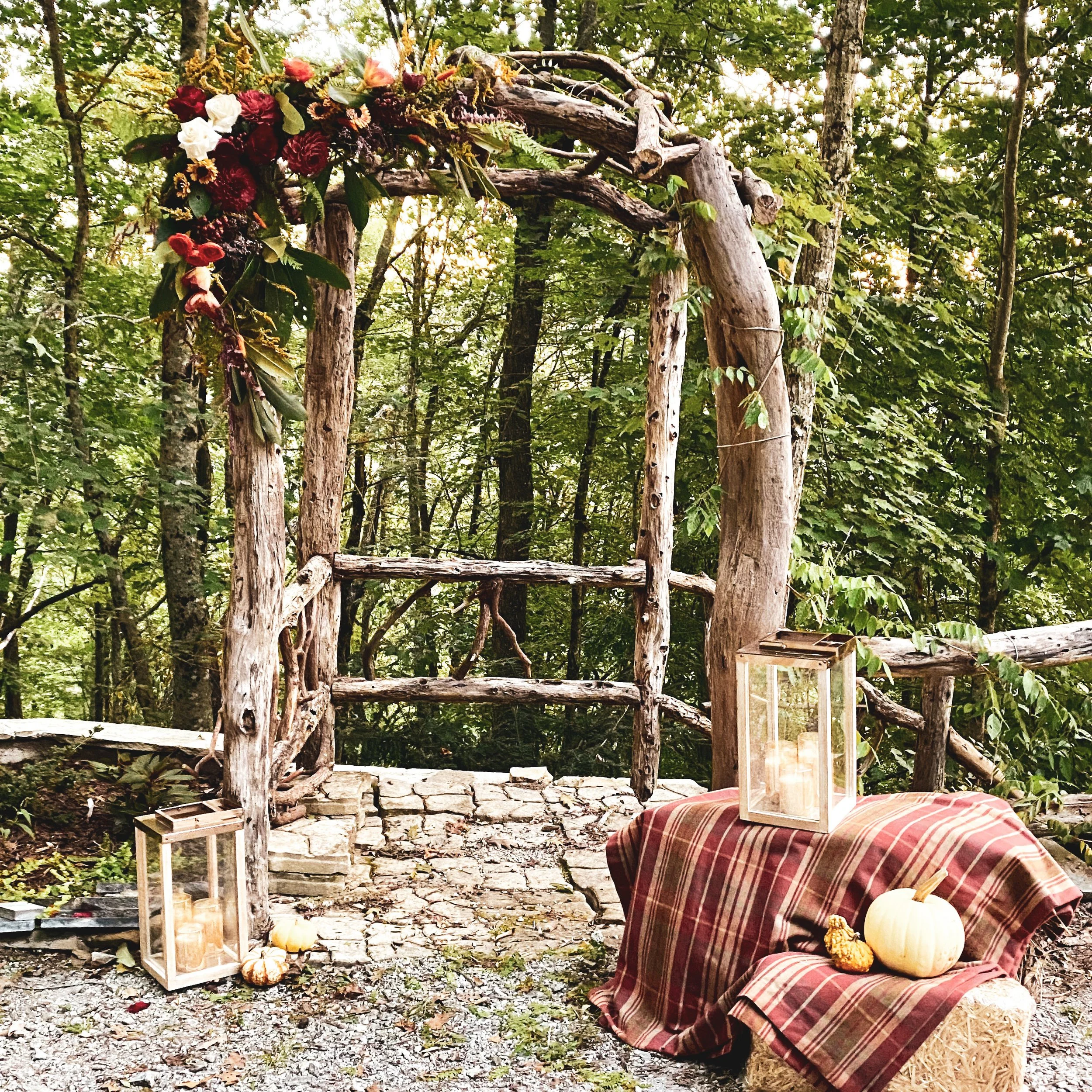 Autumn arbor with pumpkins and lanterns near Cashiers