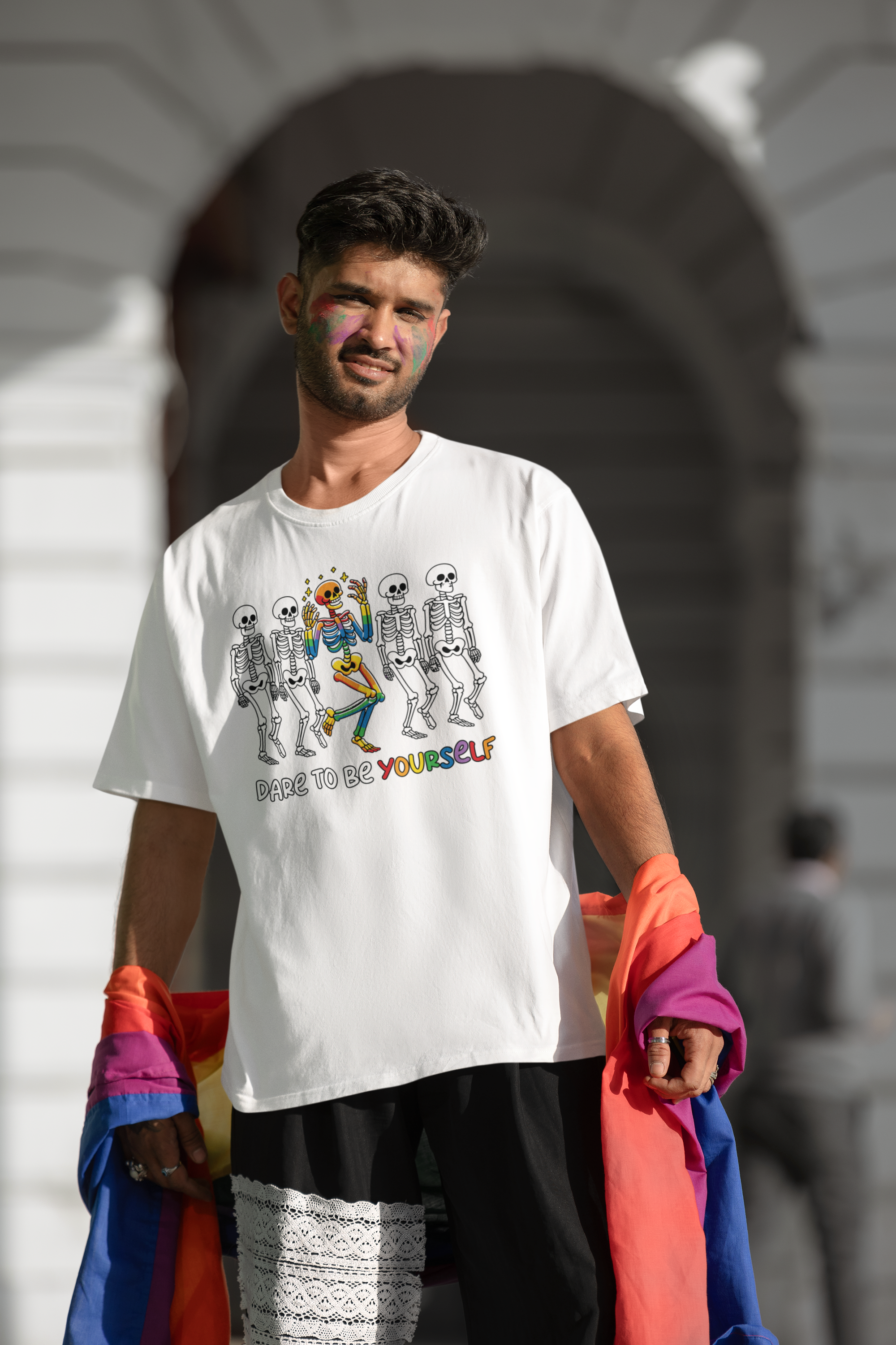 A "Dare to Be Yourself" Pride Skeleton T-Shirt Gay Pride Shirt Rainbow Design