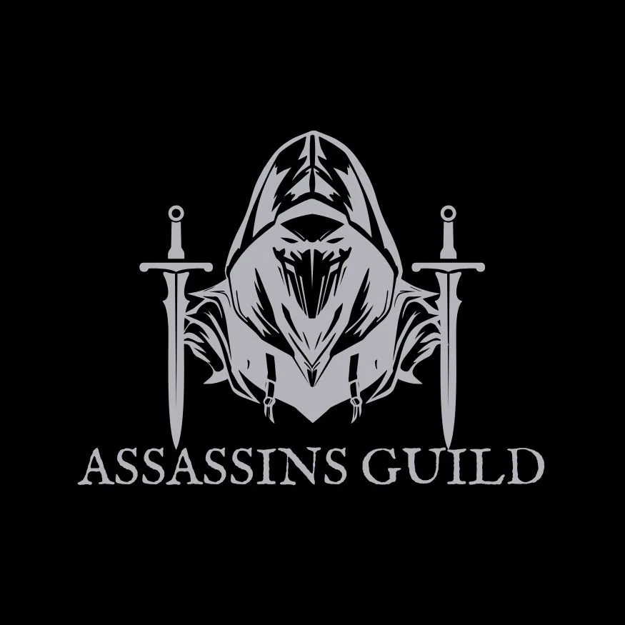 A black and grey logo for 'Assassins Guild' featuring a hooded figure with a mask, flanked by two swords.