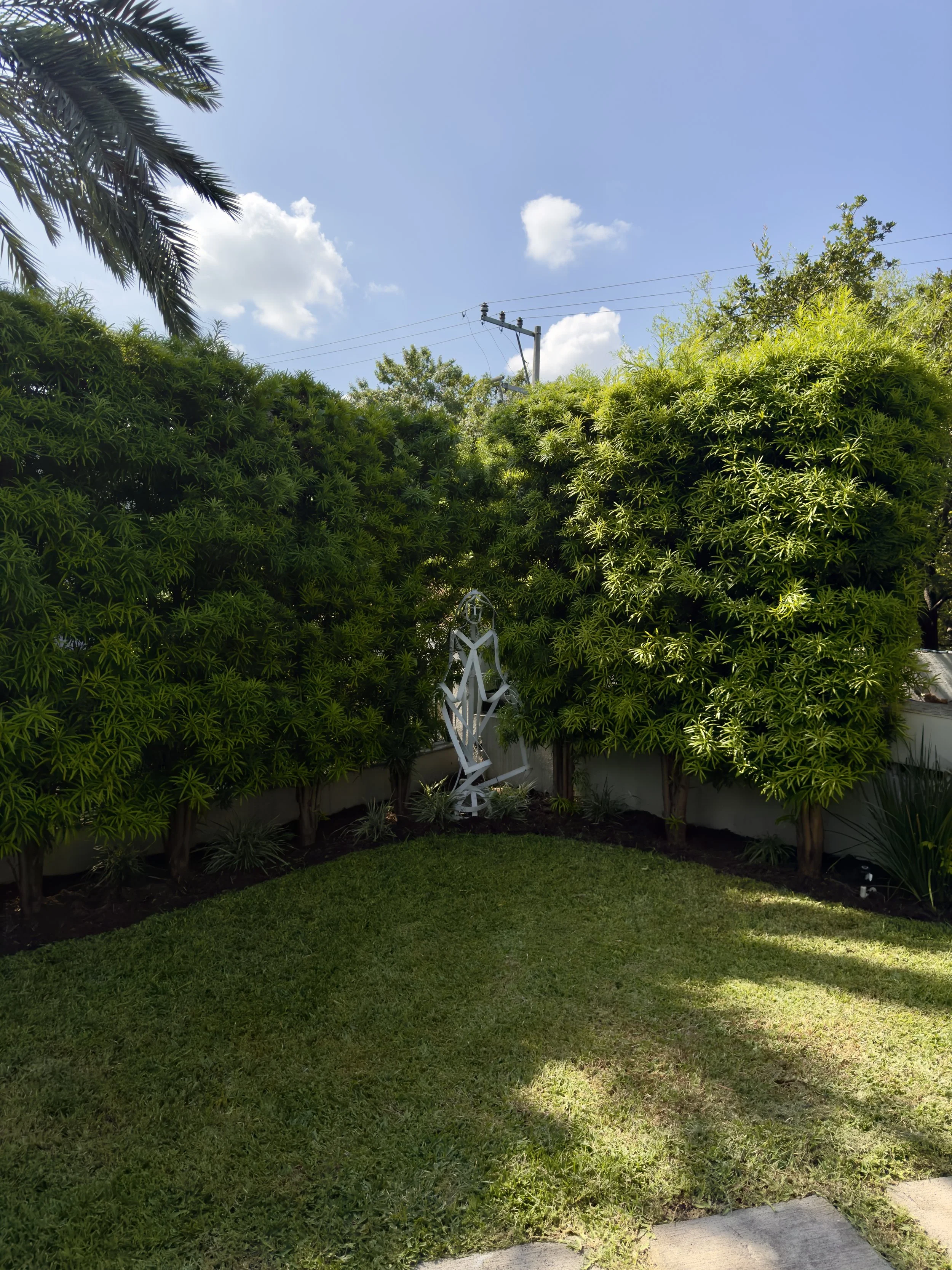 Jardín con césped, arbustos verdes y estatua de metal de una figura humana sentado, al fondo cielo azul con nubes y cableado eléctrico.