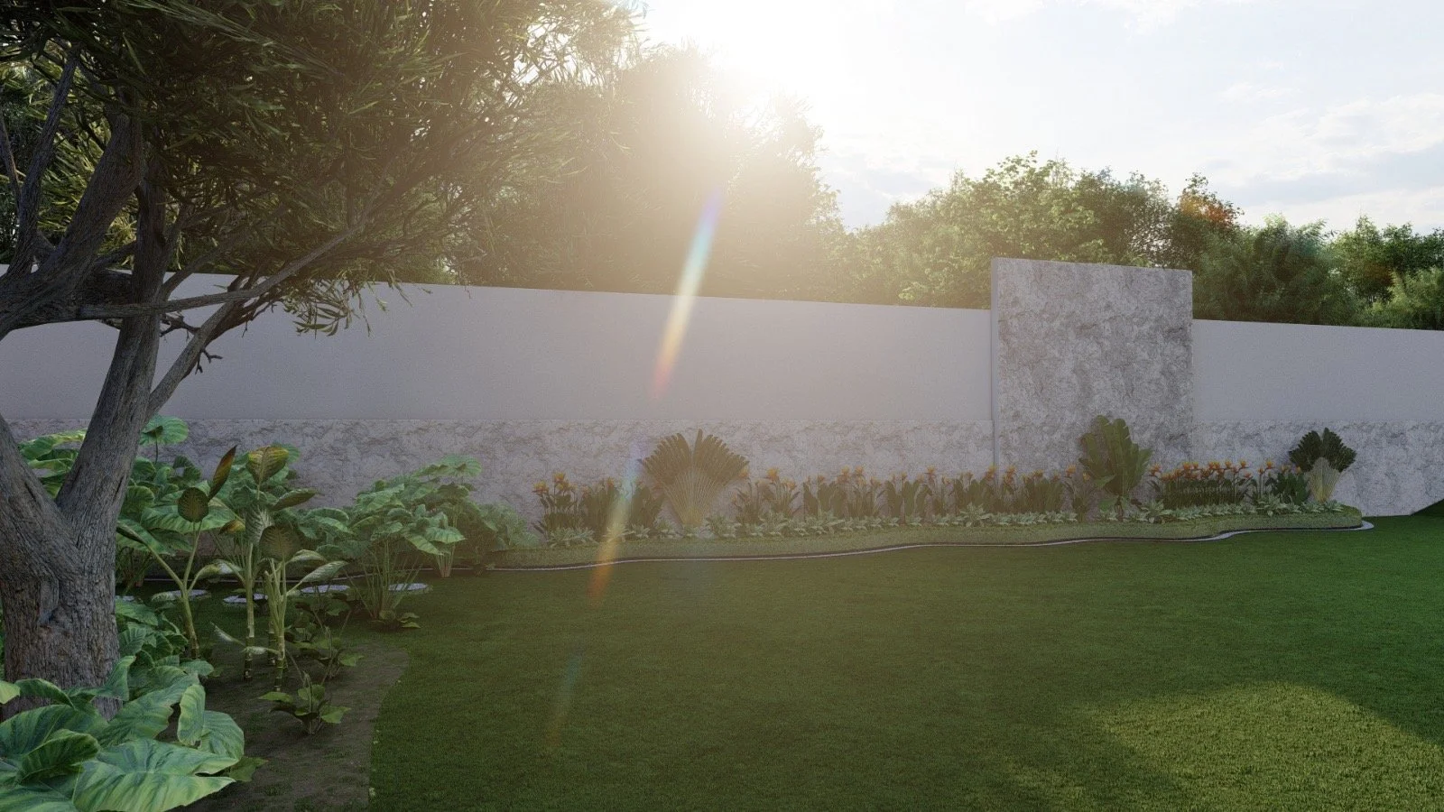 Jardín con césped, plantas, árboles y una pared blanca con un diseño de piedra en el fondo, con la luz del sol brillando desde arriba.
