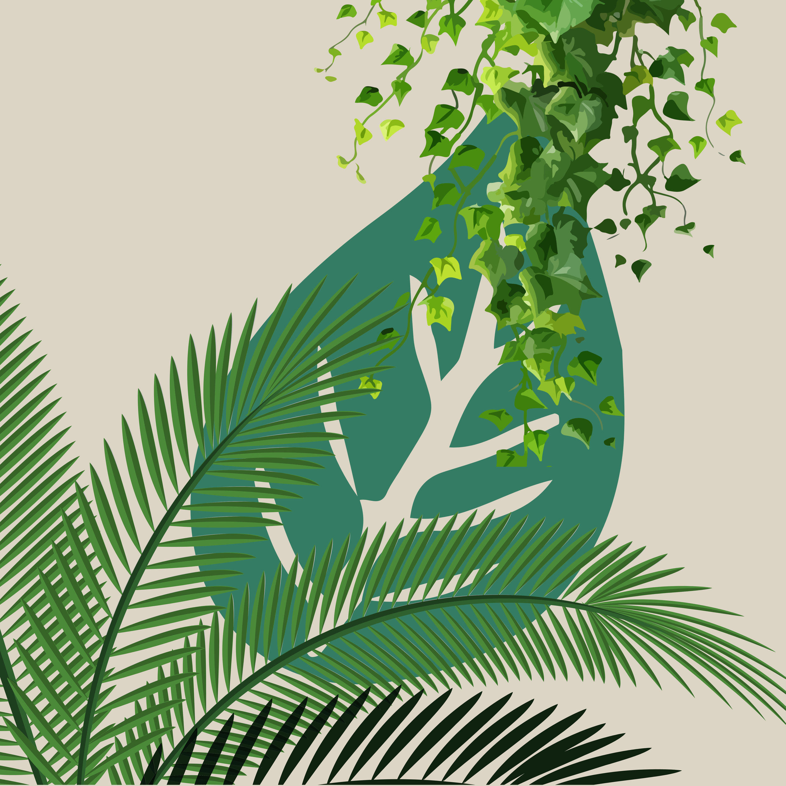 Ilustración de follaje tropical con hojas de palmera y hiedra en colores verdes y beige.