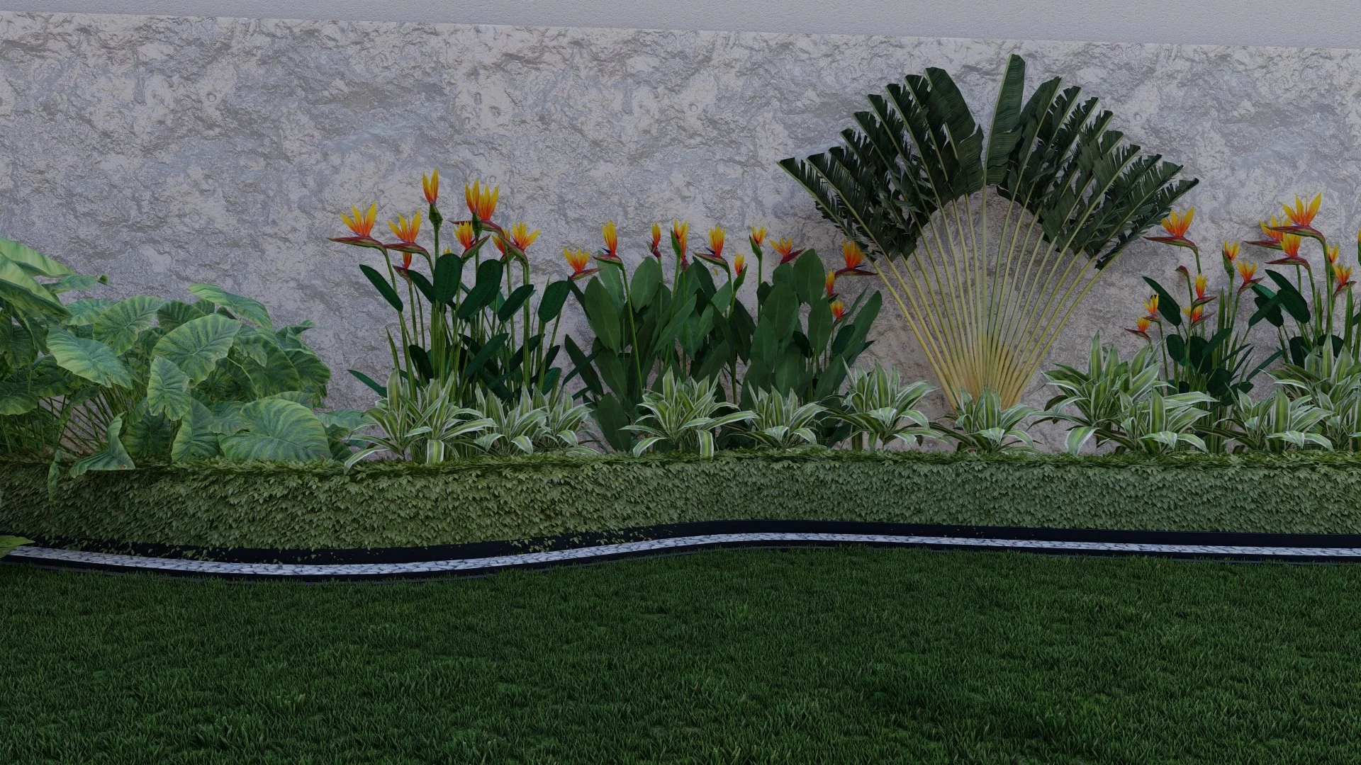 Jardín con plantas verdes, flores coloridas y césped en primer plano, con una pared de piedra de fondo.