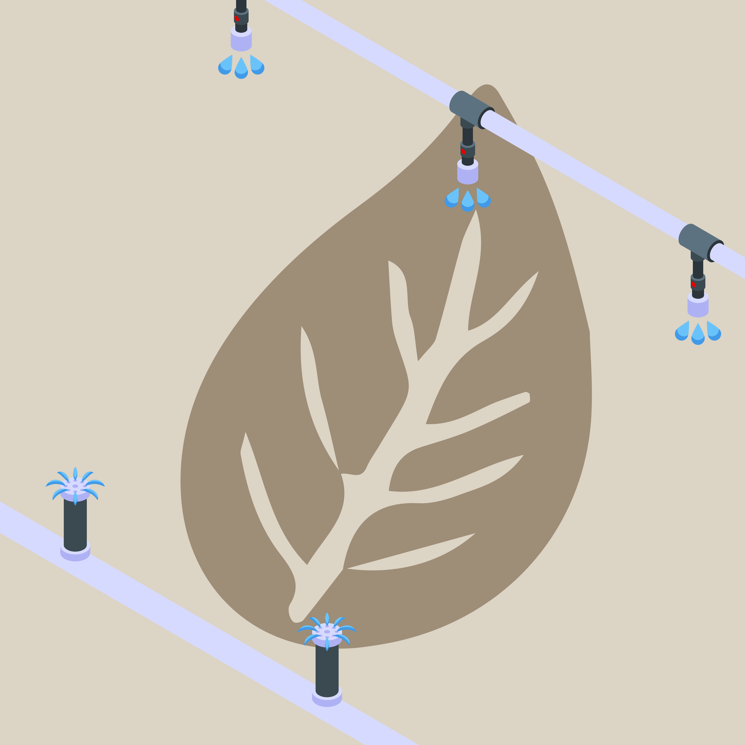 Ilustración de un riego automatizado con aspersores en un campo con una hoja de árbol grande en el suelo.