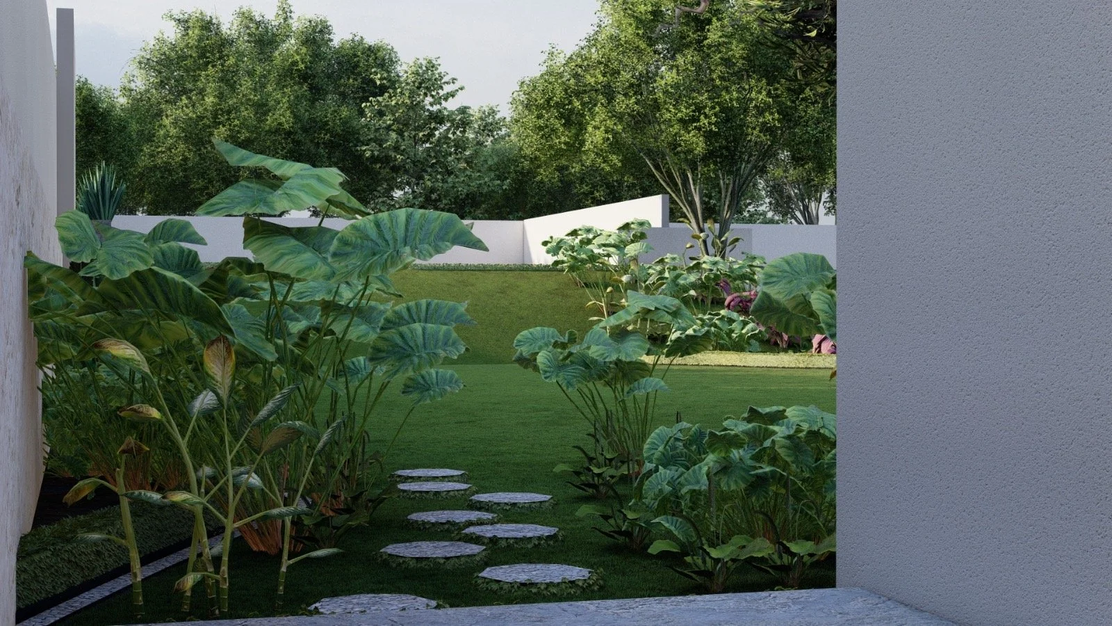 Jardín con caminos de piedra, césped, arbustos y árboles con muro blanco de fondo.