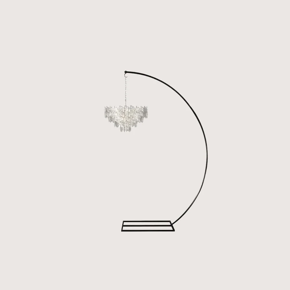 tall black metal arch with crystal chandelier