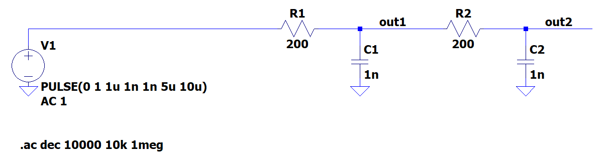 LTSpice schematic of two RC filters. The simulation is setup for an AC simulation.