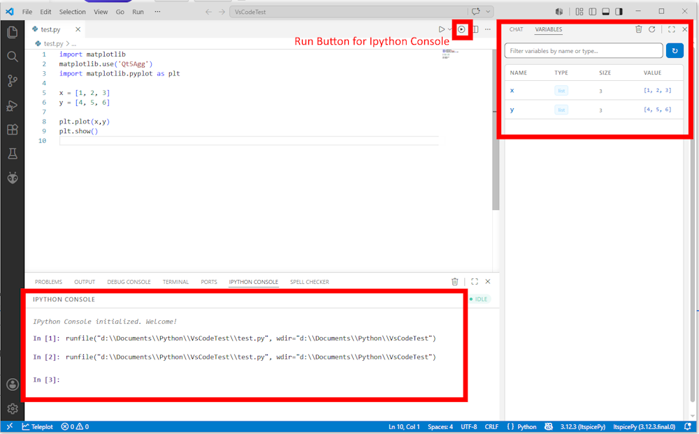 Run button for Ipython Console, Ipython Console, and the Variables Explorer.