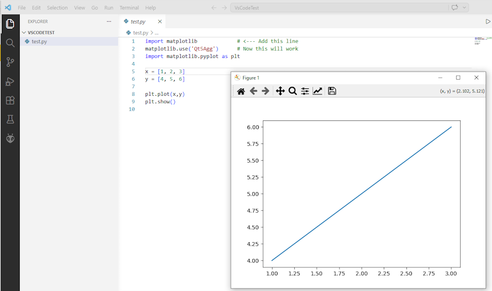 Image showing the interactive matplotlib working inside visual studio code.