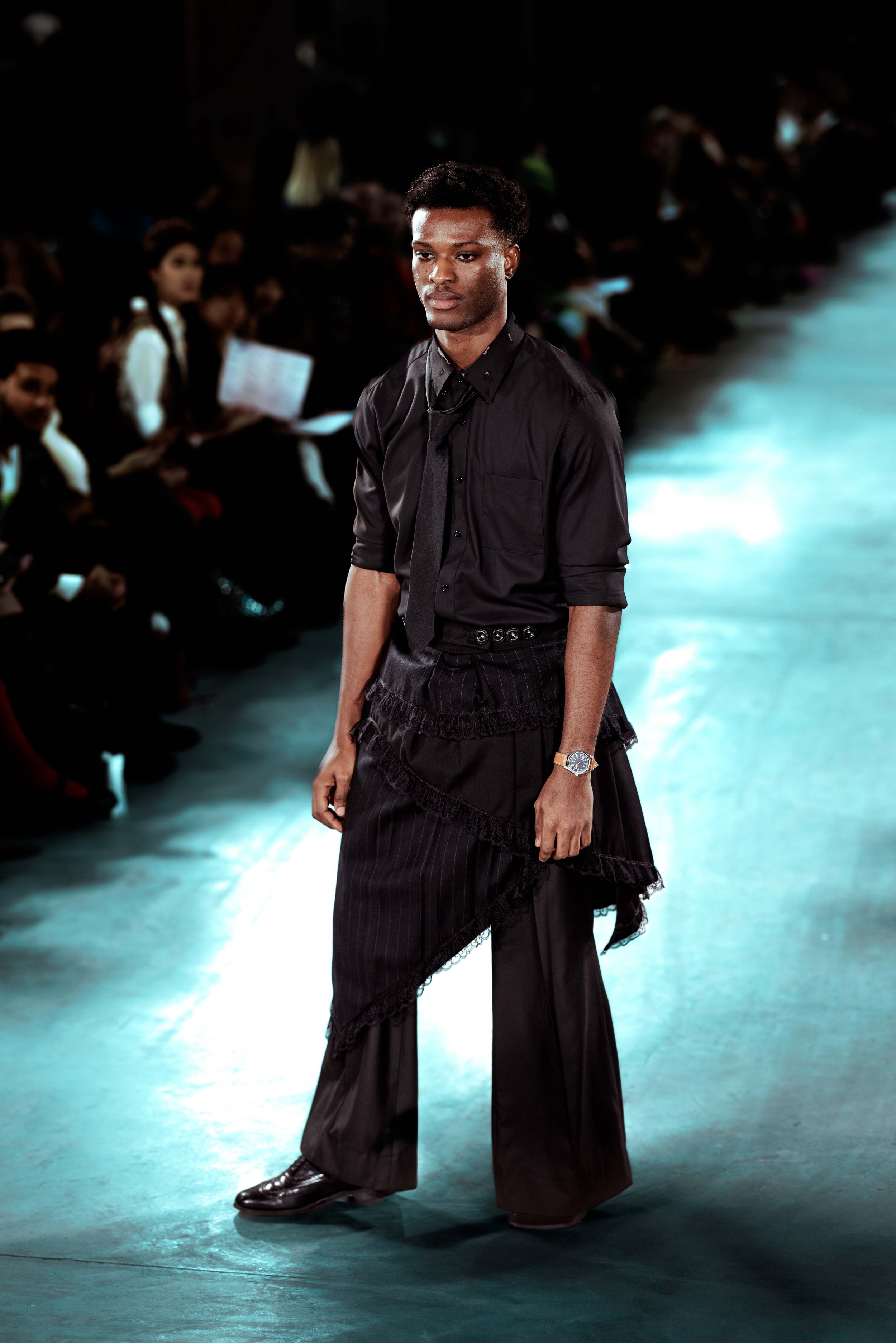 LOOK 11 ~
100% Cotton
Distressed Dress Shirt
Cashmere & Wool Skirt
with Wool Trousers