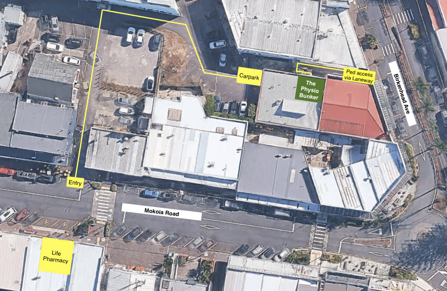 Aerial view of a building complex with labeled points of interest, including a carpark, pedestrian access via laneway, a physiotherapy bunker, entry point, Life Pharmacy, and surrounding roads.