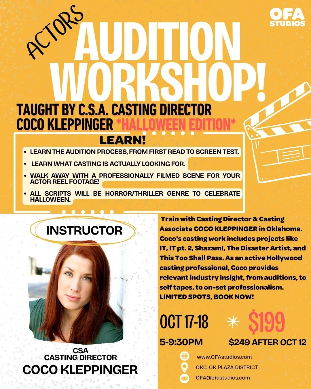 Actors Audition workshop with Coco Kleppinger! Halloween Edition! Learn the audition process! Learn what casting is actually looking for! Walk away with a professionally filmed scene for your actor reel footage! All scripts will be horror/thriller!