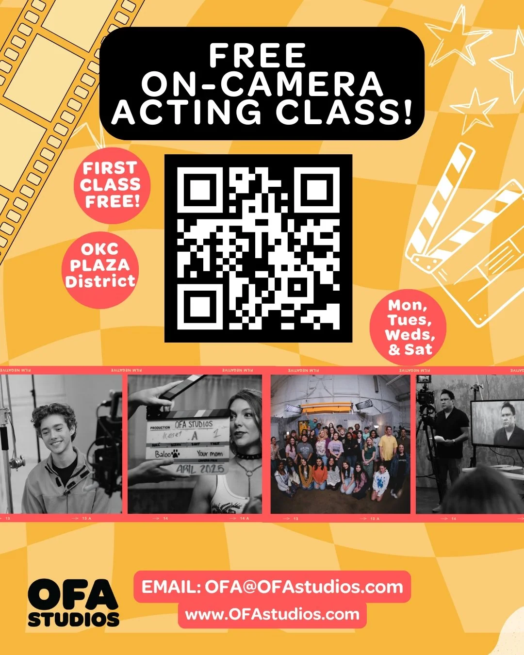 Flyer advertising free on-camera acting classes at OFA Studios in Oklahoma City district, with details on schedule and contact information, and photos of people involved in acting production.