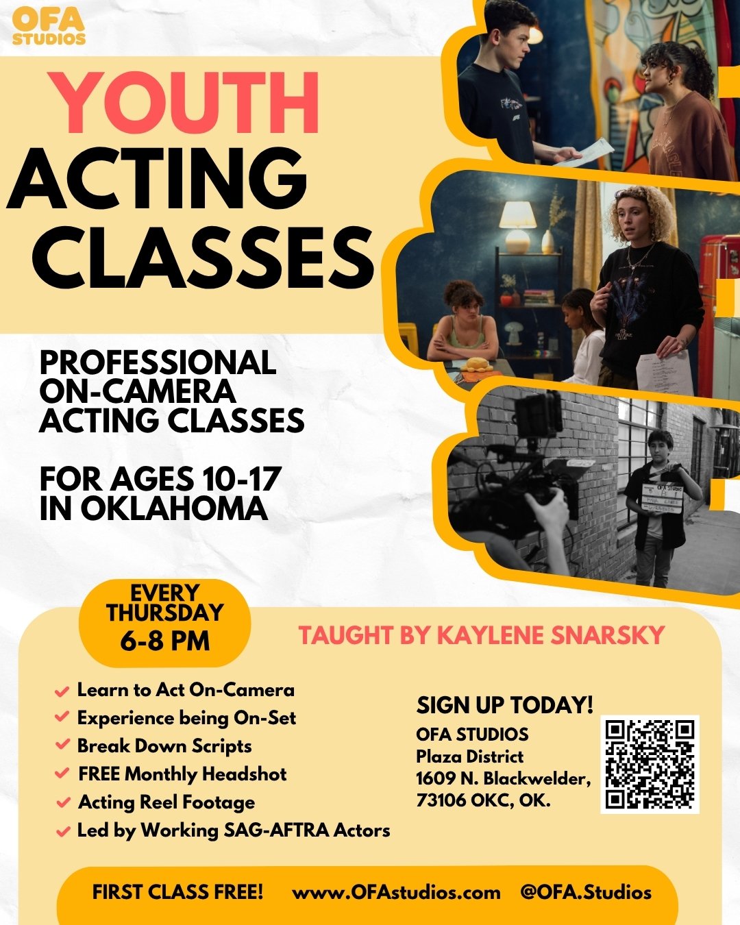 Flyer for youth acting classes by OFA Studios, featuring images of young people on set, being coached, and filming, with details about class schedule, instructor, and location in Oklahoma.