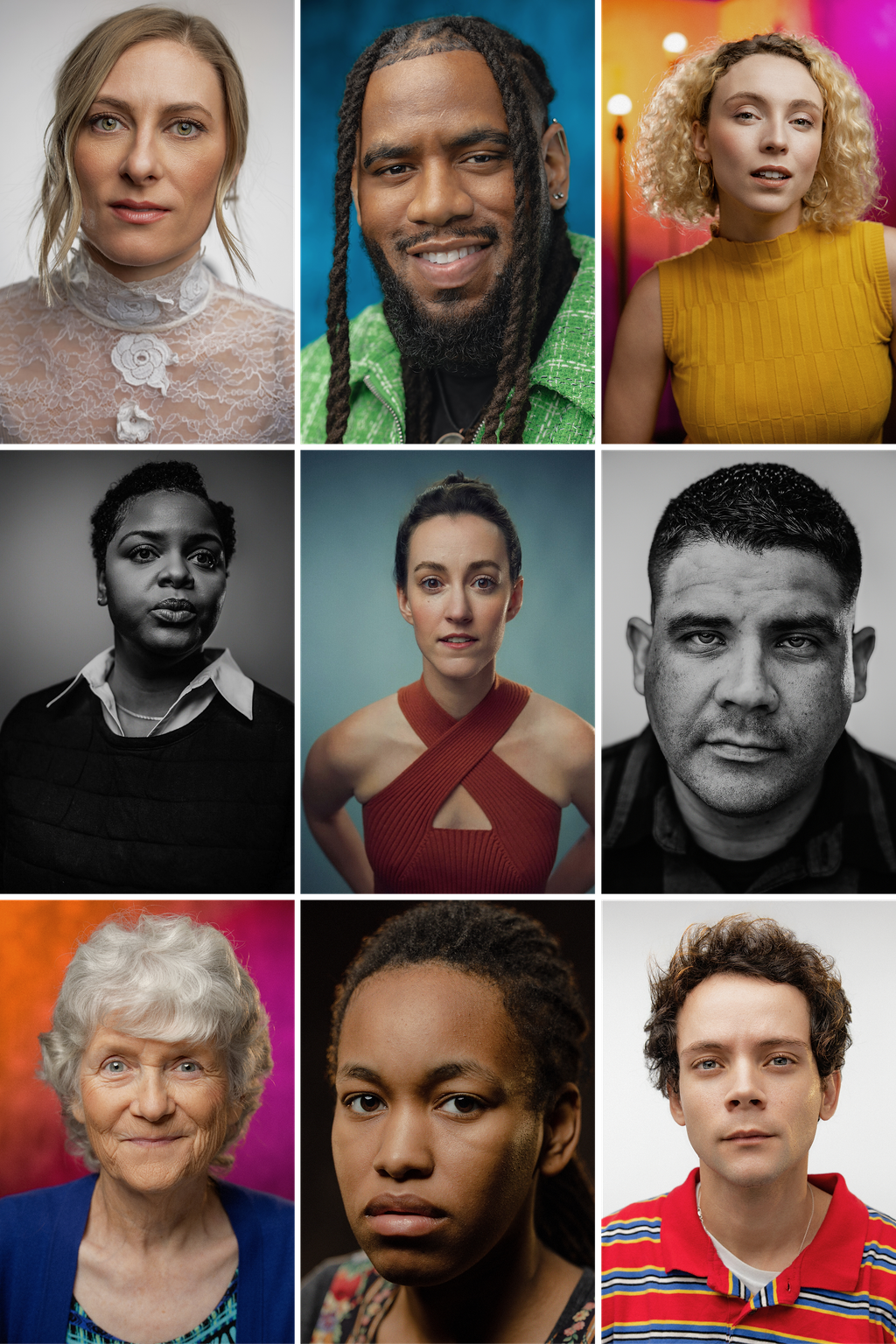 Collage of nine diverse portraits of men and women of various ages and ethnicities, some in color and some in black and white.