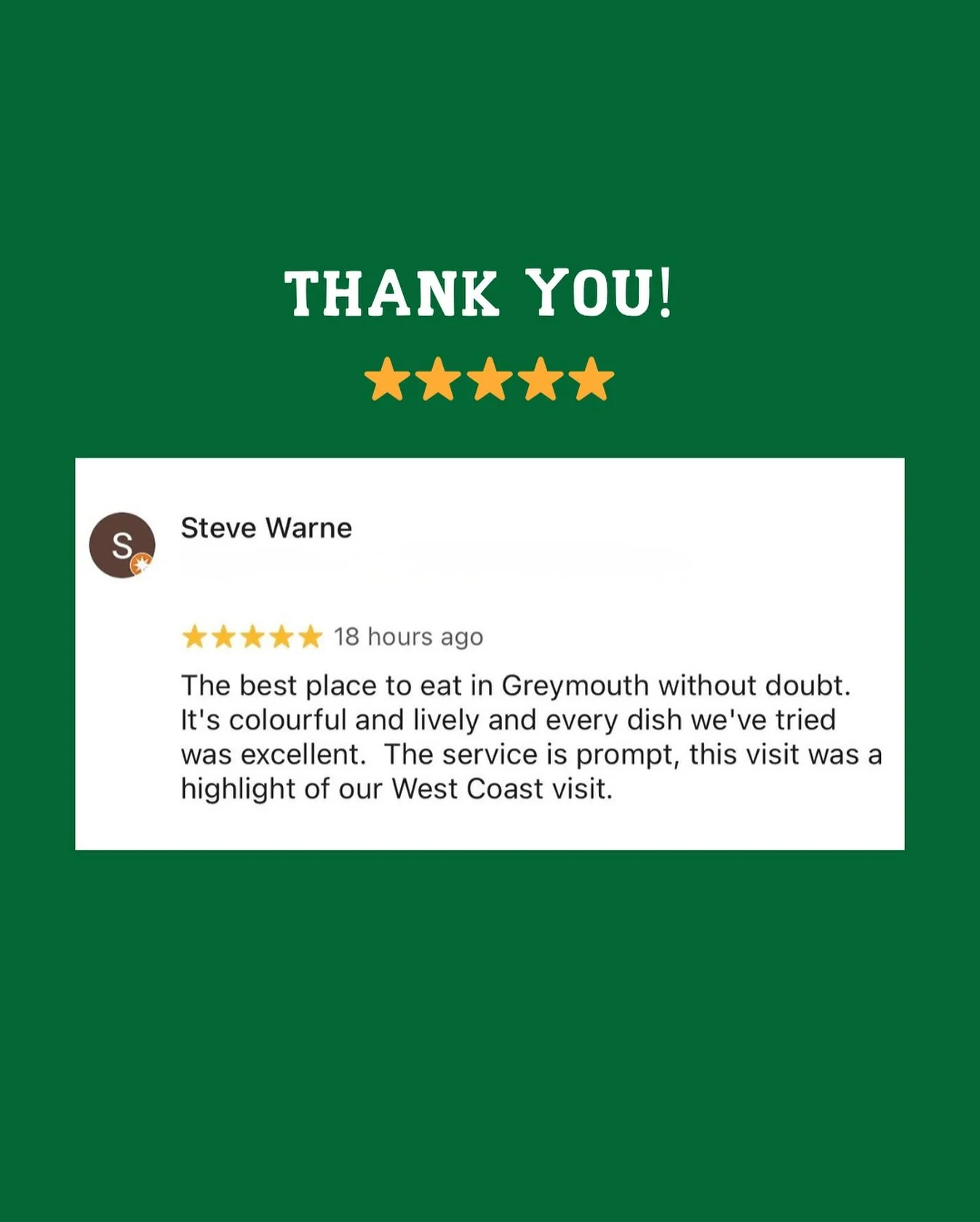 Colourful, lively, and every dish was excellent.
You know that feeling when someone drops a 5⭐️ review? 😎 Thanks team, we’re grinning today!