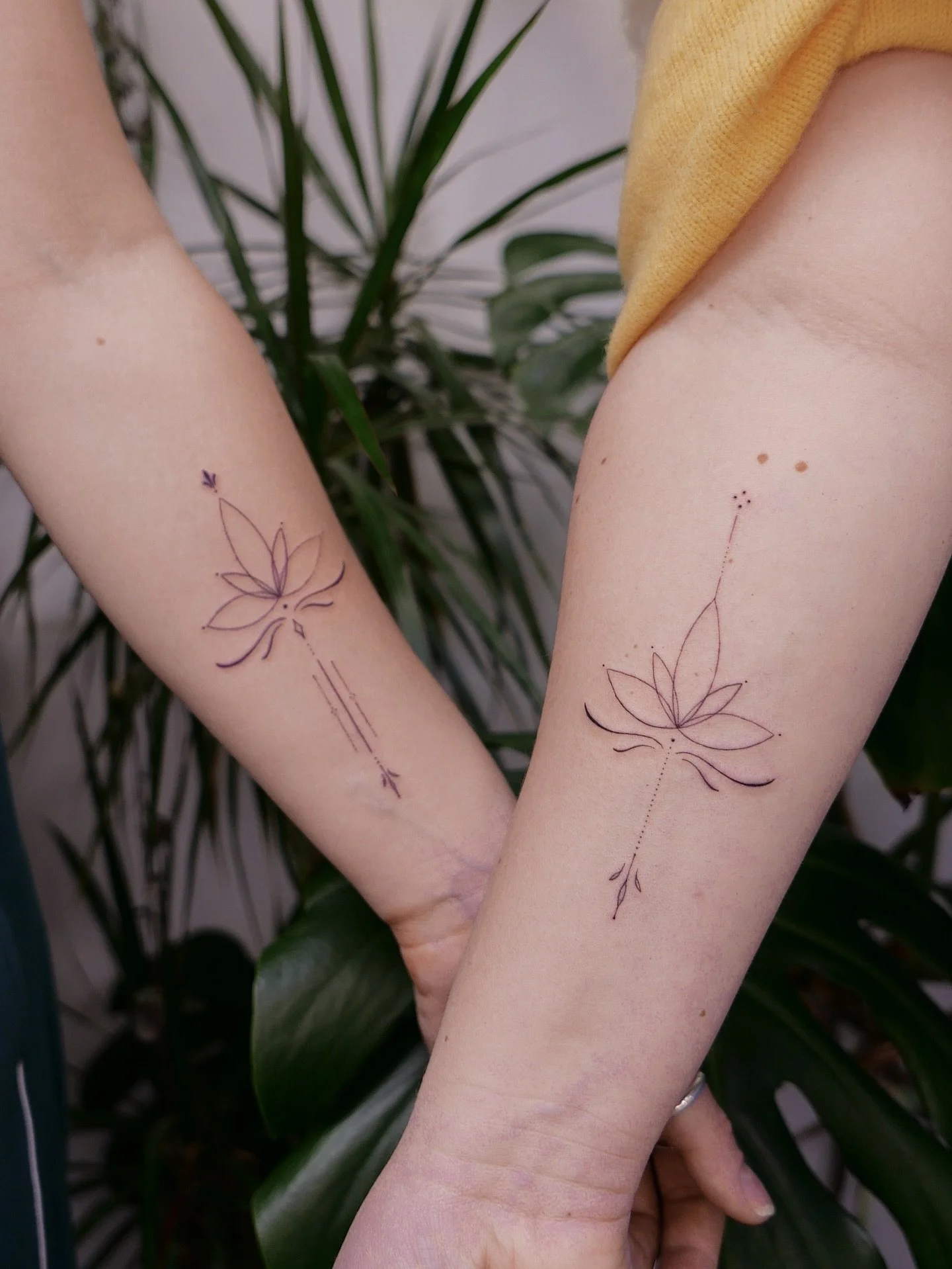 Beautiful matching tattoos for two best friends, inspired by their trip to Shri Lanka 🪷