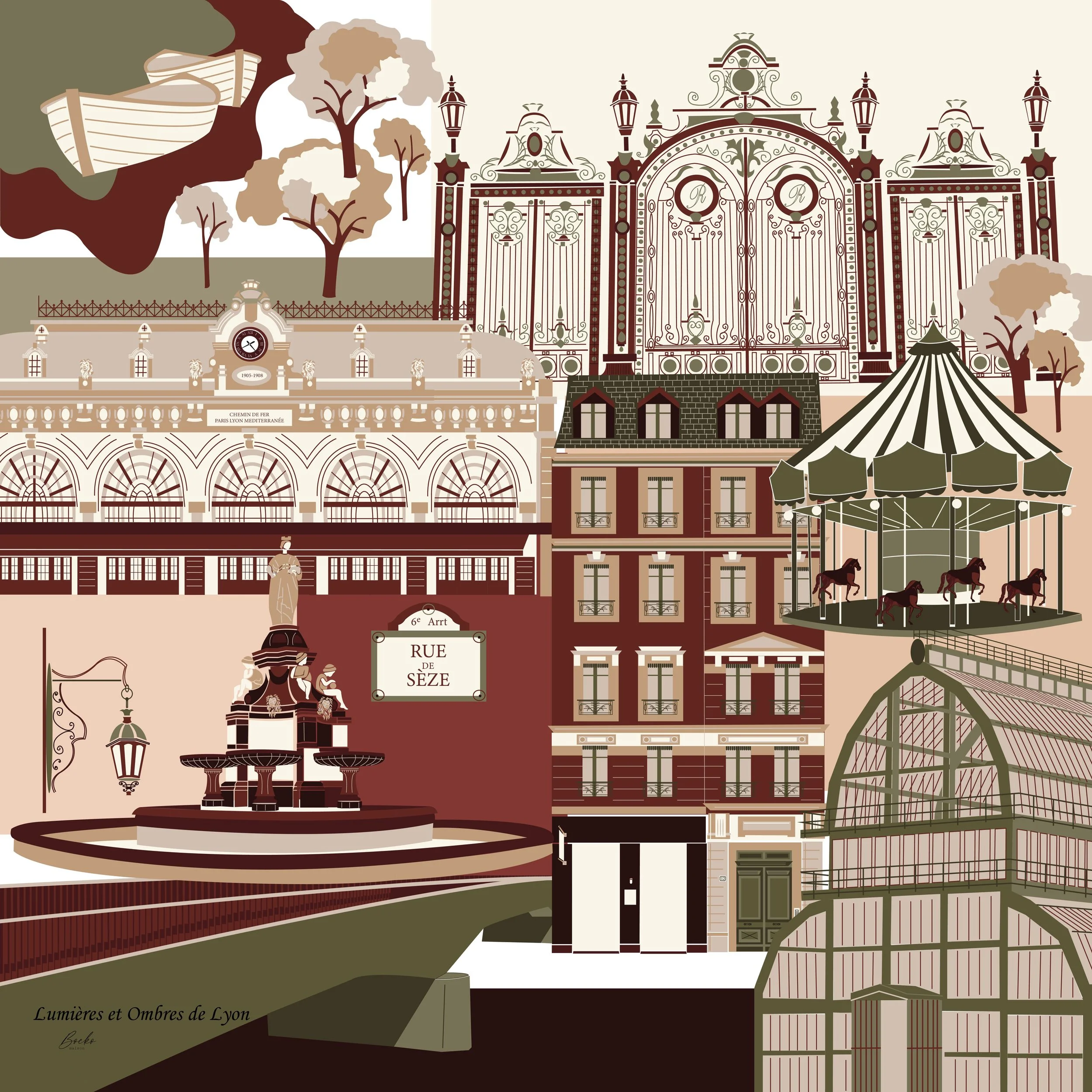 Les Lumières et les Ombres de Lyon carré de soie de 90 cm