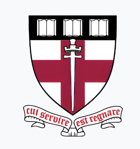 Harvard University shield with open books at top, a sword and a cross, and a banner with Latin text below.