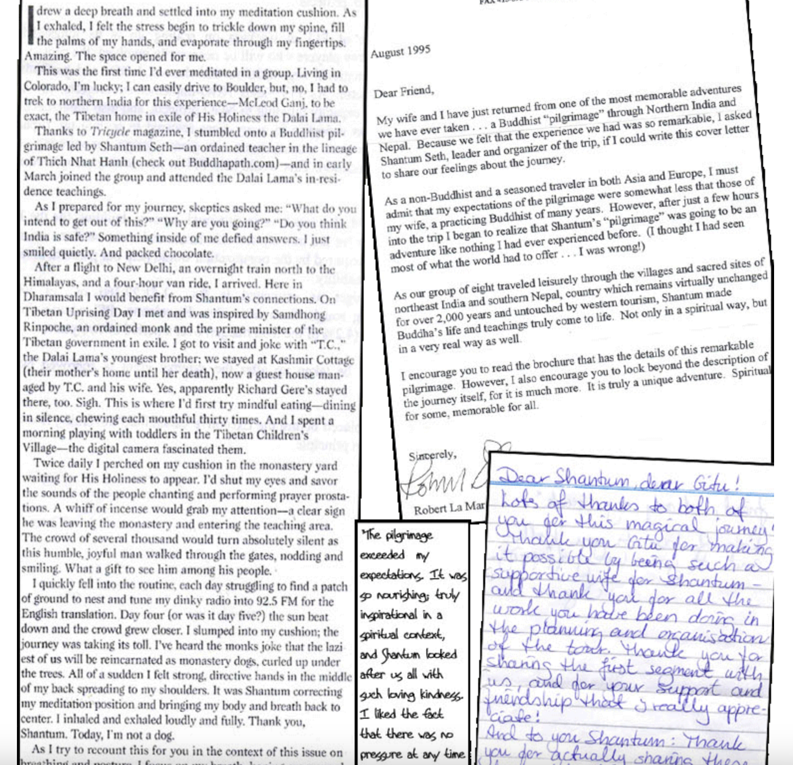 A handwritten note expressing gratitude for a spiritual journey and sharing appreciation for Shantum's work.