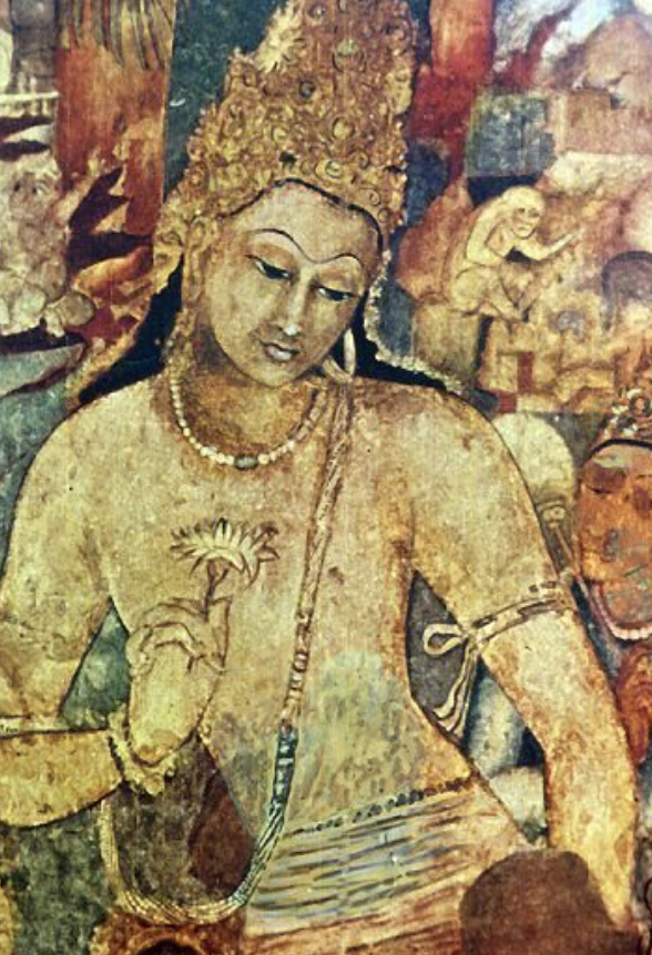 A traditional painting of a woman holding a flower, wearing jewelry and a draped garment, with an elaborate background depicting other figures and scenic elements.