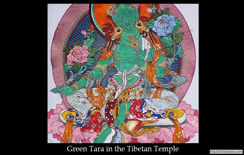 Colorful illustration of Green Tara, a Buddhist deity, sitting on a lotus throne with one leg extended and the other bent, surrounded by flowers and a halo.