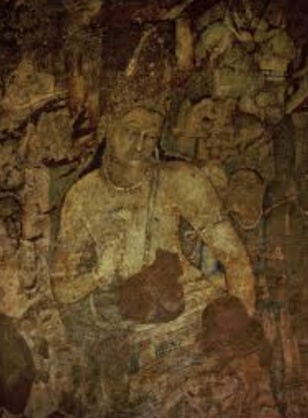 Ancient wall carving or mural depicting a person wearing glasses with an audience or crowd around.