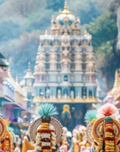 Colorful parade with decorative ornaments and a castle in the background.