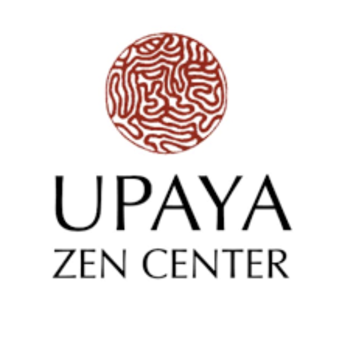 Logo for Upaya Zen Center featuring a red circular maze or labyrinth above the black text 'Upaya Zen Center' on a white background.