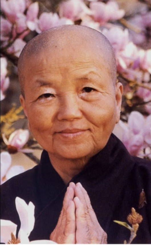 Sister Chang Khong. An elderly person with a shaved head, smiling gently, hands pressed together in a prayer gesture, surrounded by pink and white flowers.