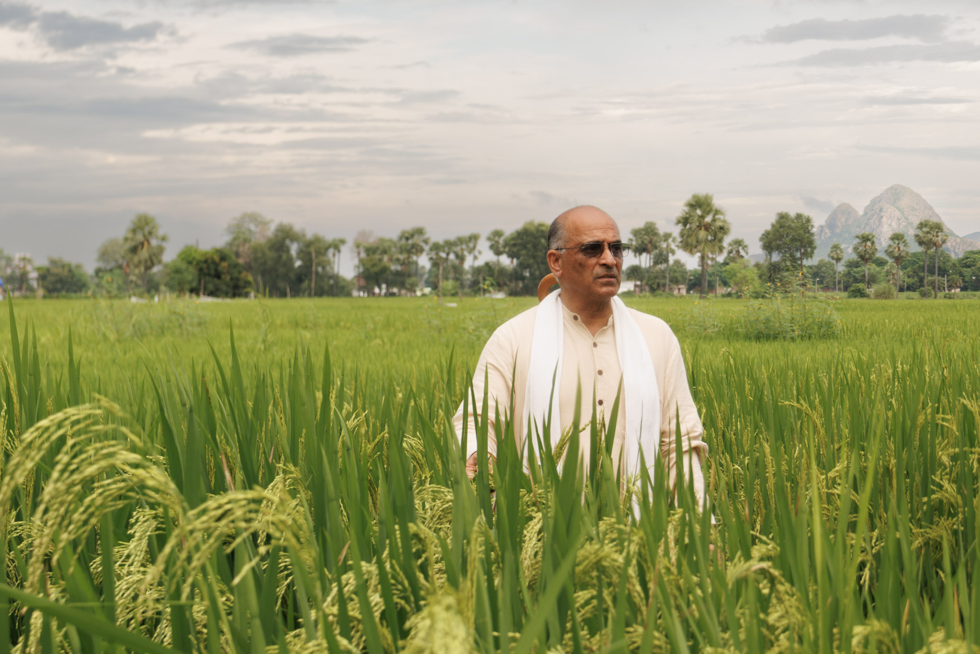 A man wearing sunglasses, a beige shirt, and a white scarf standing in a lush green rice field under a cloudy sky.