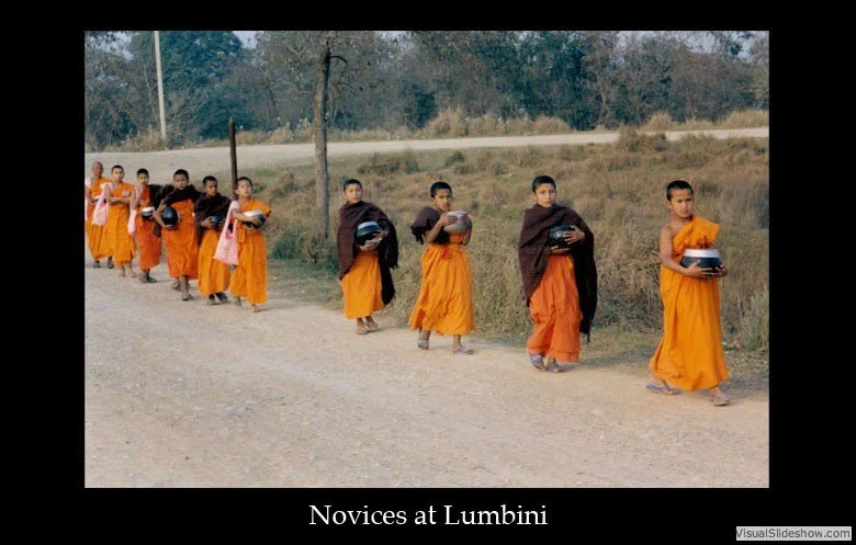A line of young Buddhist monks walking along a dirt road carrying alms bowls, with some wearing orange robes and others in dark brown robes, under a partly cloudy sky.