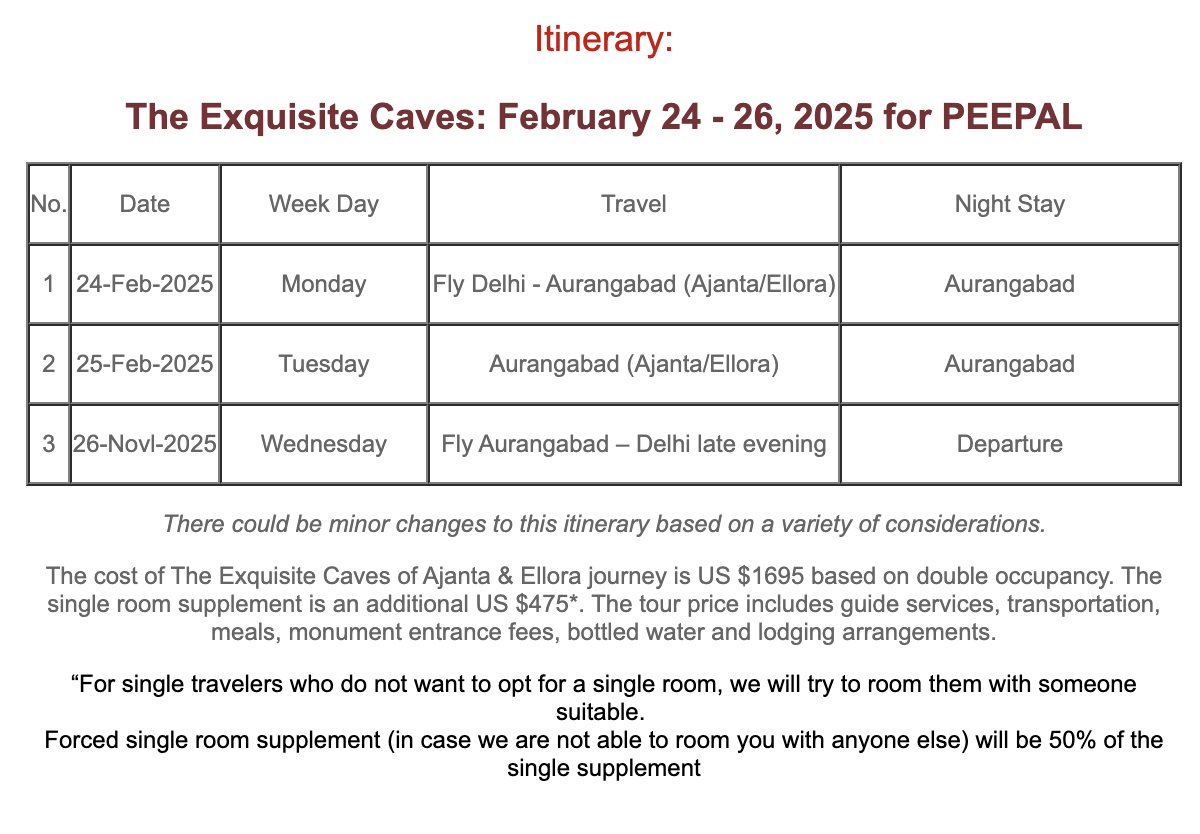 Itinerary for The Exquisite Caves trip from February 24-26, 2025, including dates, day of the week, travel details from Delhi to Aurangabad, and night stay locations.