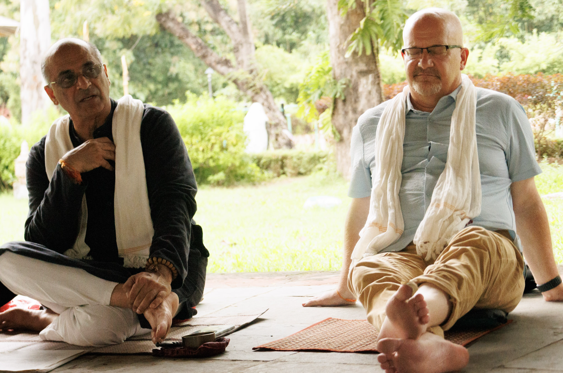 Two men sitting on the grass under a large tree, engaged in conversation in a park or garden setting.