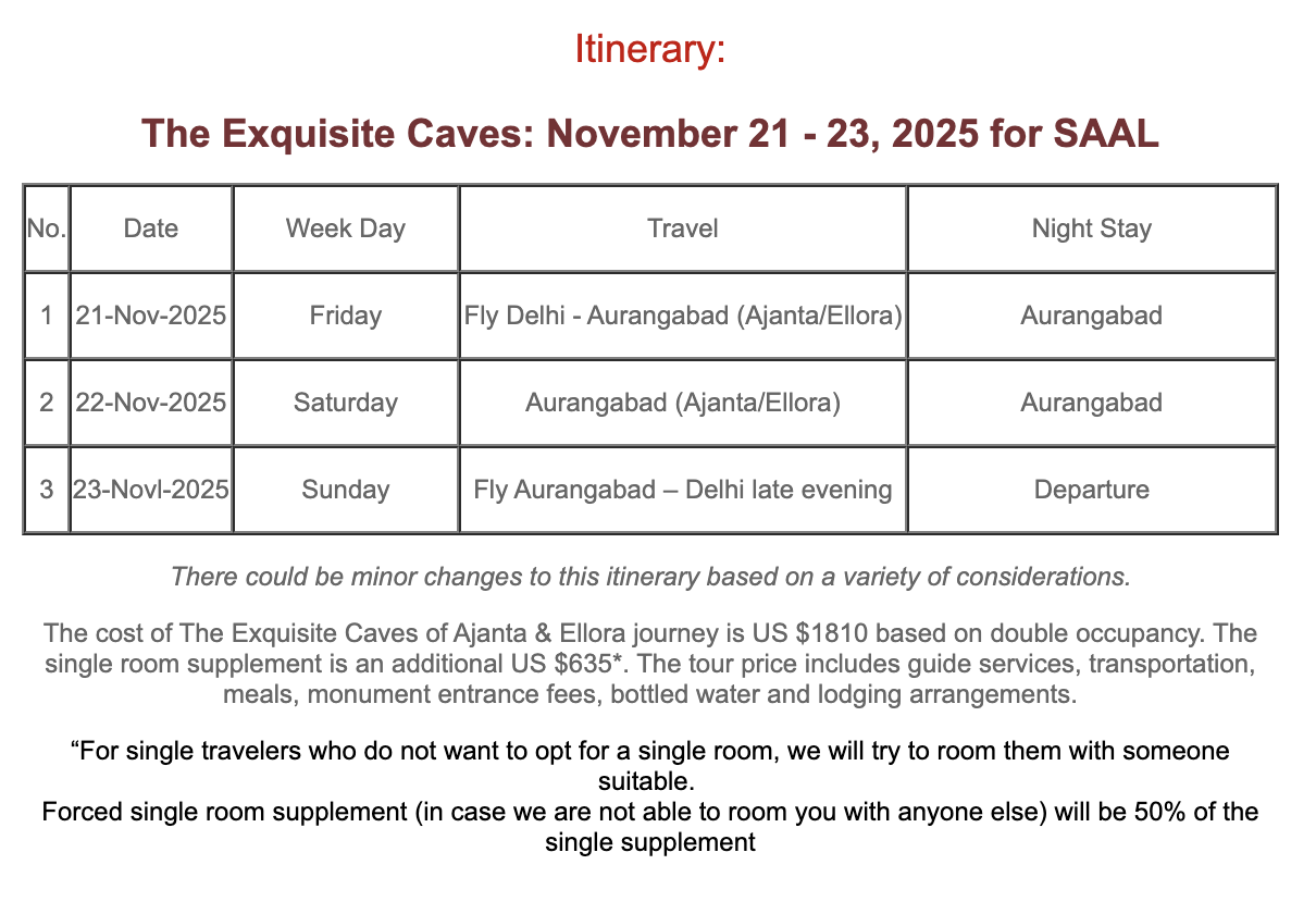 Itinerary for a trip to The Exquisite Caves from November 21 to 23, 2025, including travel and accommodation details for flights from Delhi to Aurangabad, and back, with night stays in Aurangabad and departure on November 23.