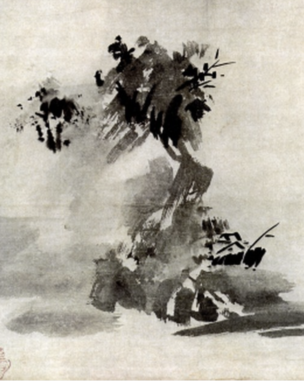Traditional Chinese ink wash painting of a tree reflected in water.
