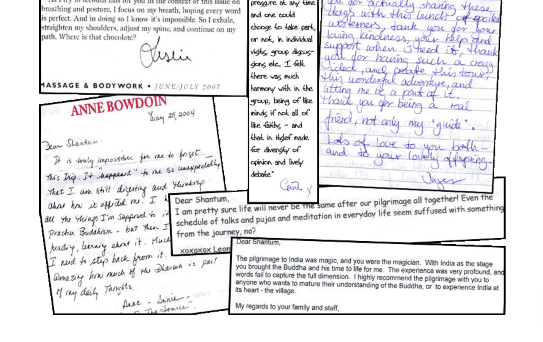 Collection of handwritten letters and notes, some with printed headers or decorative text, mentioning travel experiences, gratitude, and reflections.