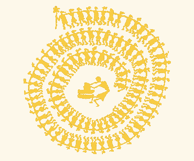 A spiral pattern of yellow human figures holding hands surrounding a person sitting in a boat in the center.
